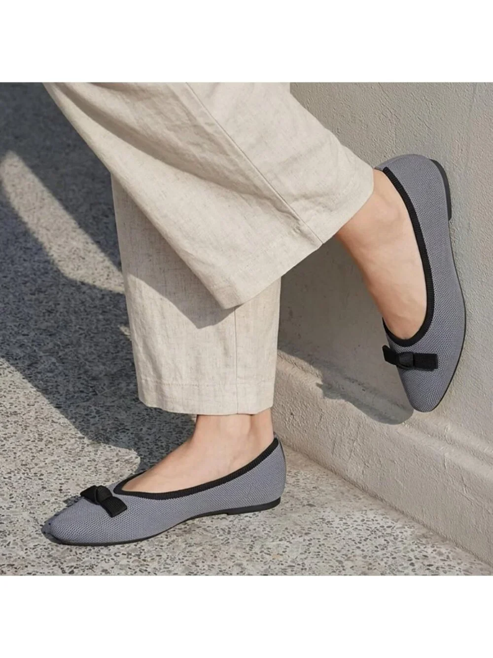 Frank Mully Women's Grey Black Rubber Knit Squared Toe Bow Slip On Ballet Flats